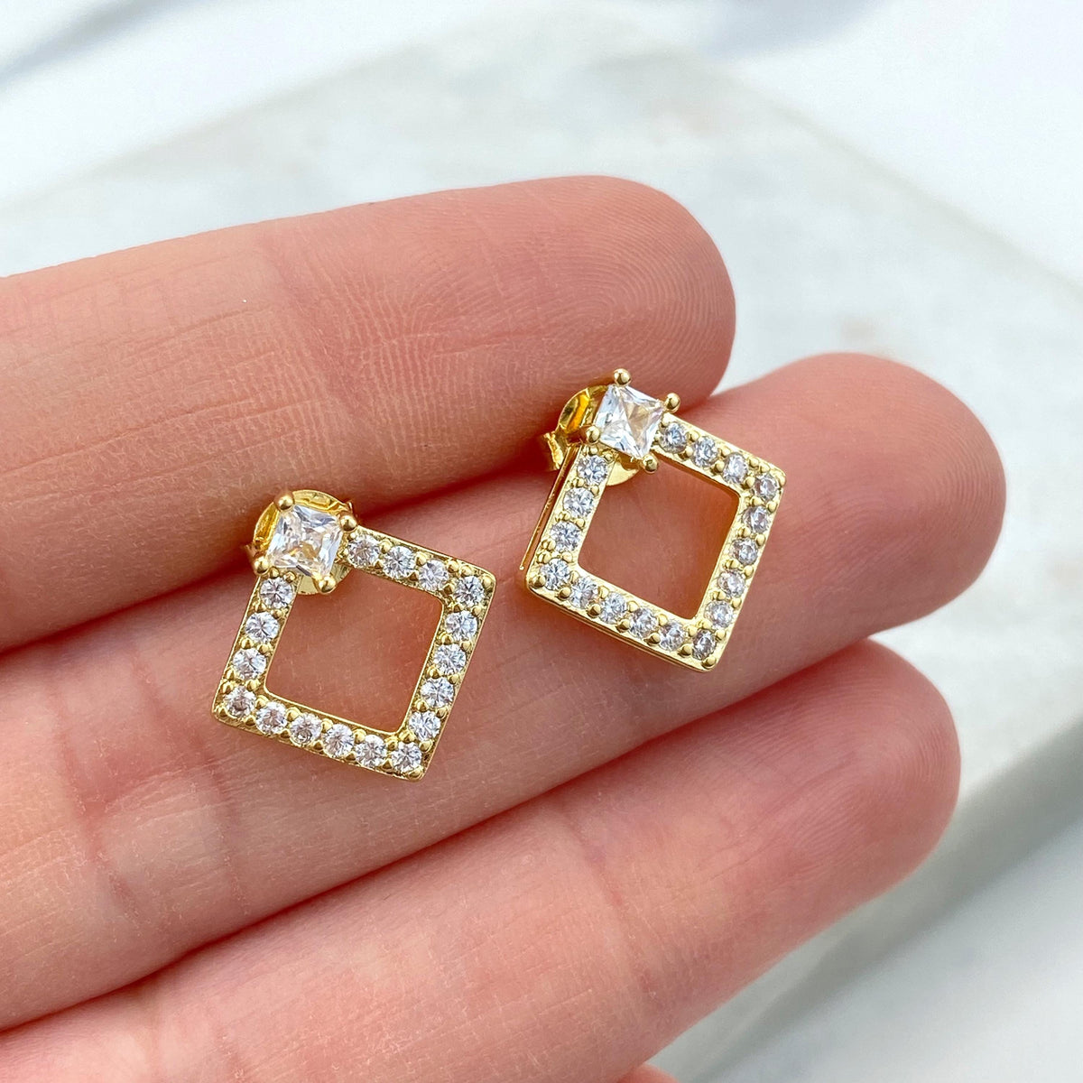 18k Gold Filled Open Square Shape Stud Earrings with Cubic Zirconia, Cubic Zirconia Square Earrings, Wholesale Jewelry