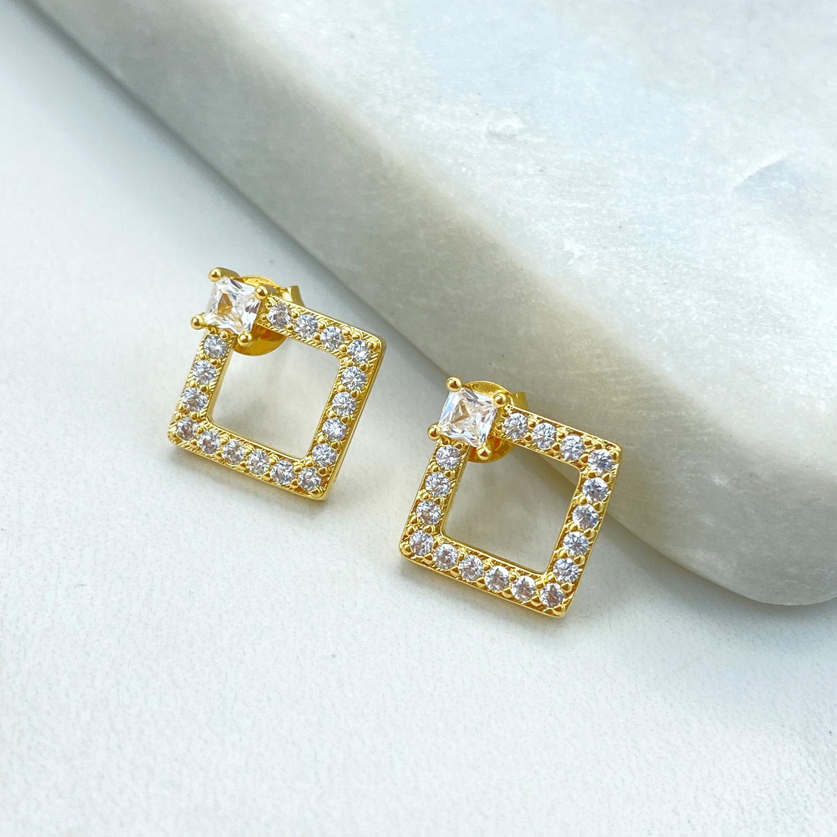 18k Gold Filled Open Square Shape Stud Earrings with Cubic Zirconia, Cubic Zirconia Square Earrings, Wholesale Jewelry