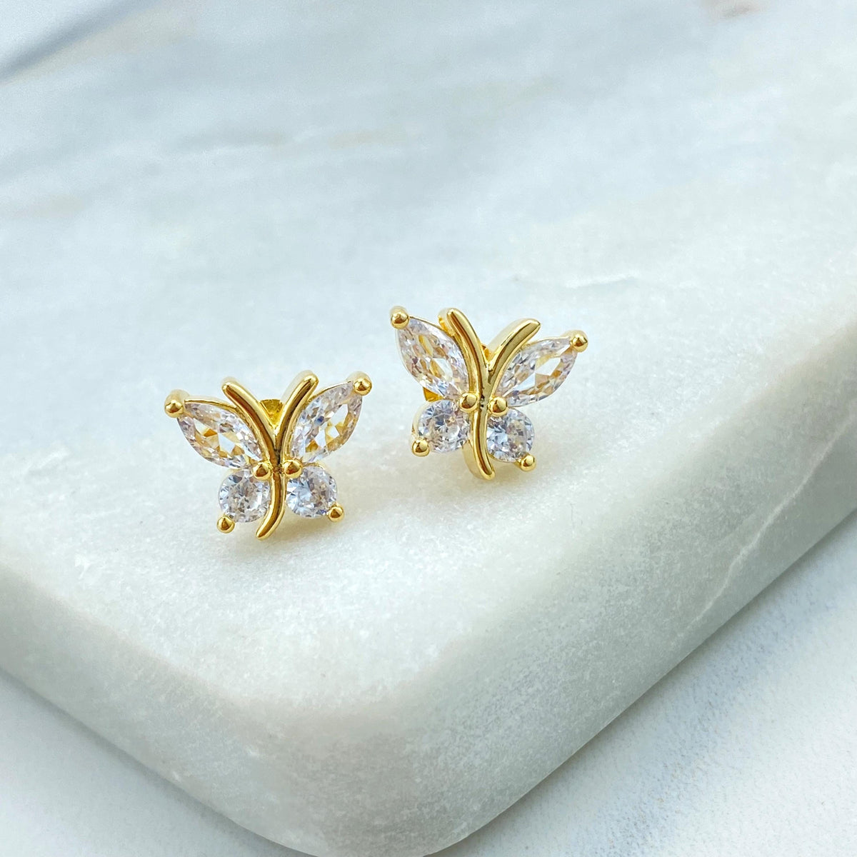 18k Gold Filled Round and Marquise Cut Butterfly Stud Earring, Petite Cubic Zirconia Butterfly Shape Stud Earrings, Wholesale Jewelry