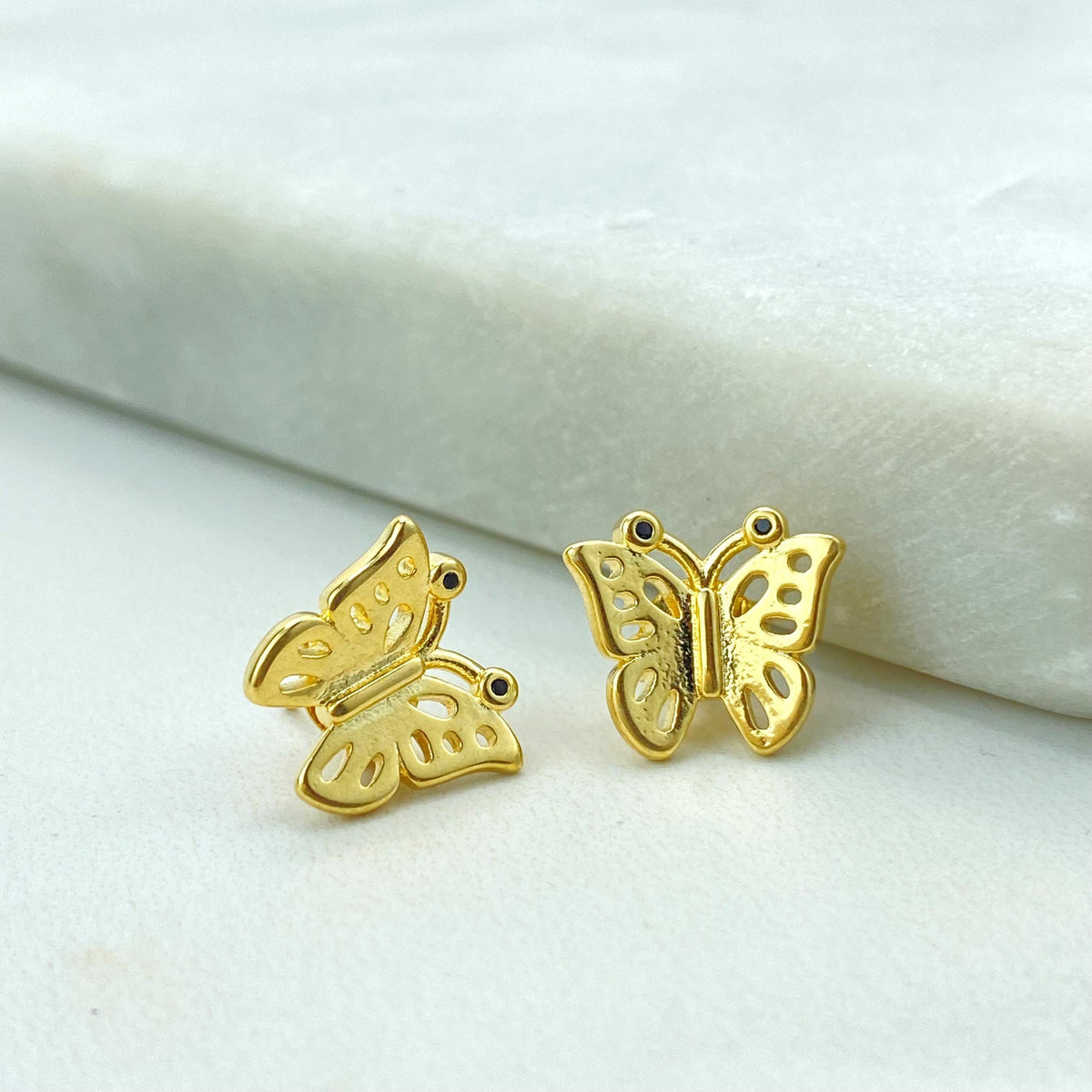 18k Gold Filled Butterfly Shape Stud Earrings, with Micro Black Cubic Zirconia, Petite Butterfly Earrings, Wholesale Jewelry