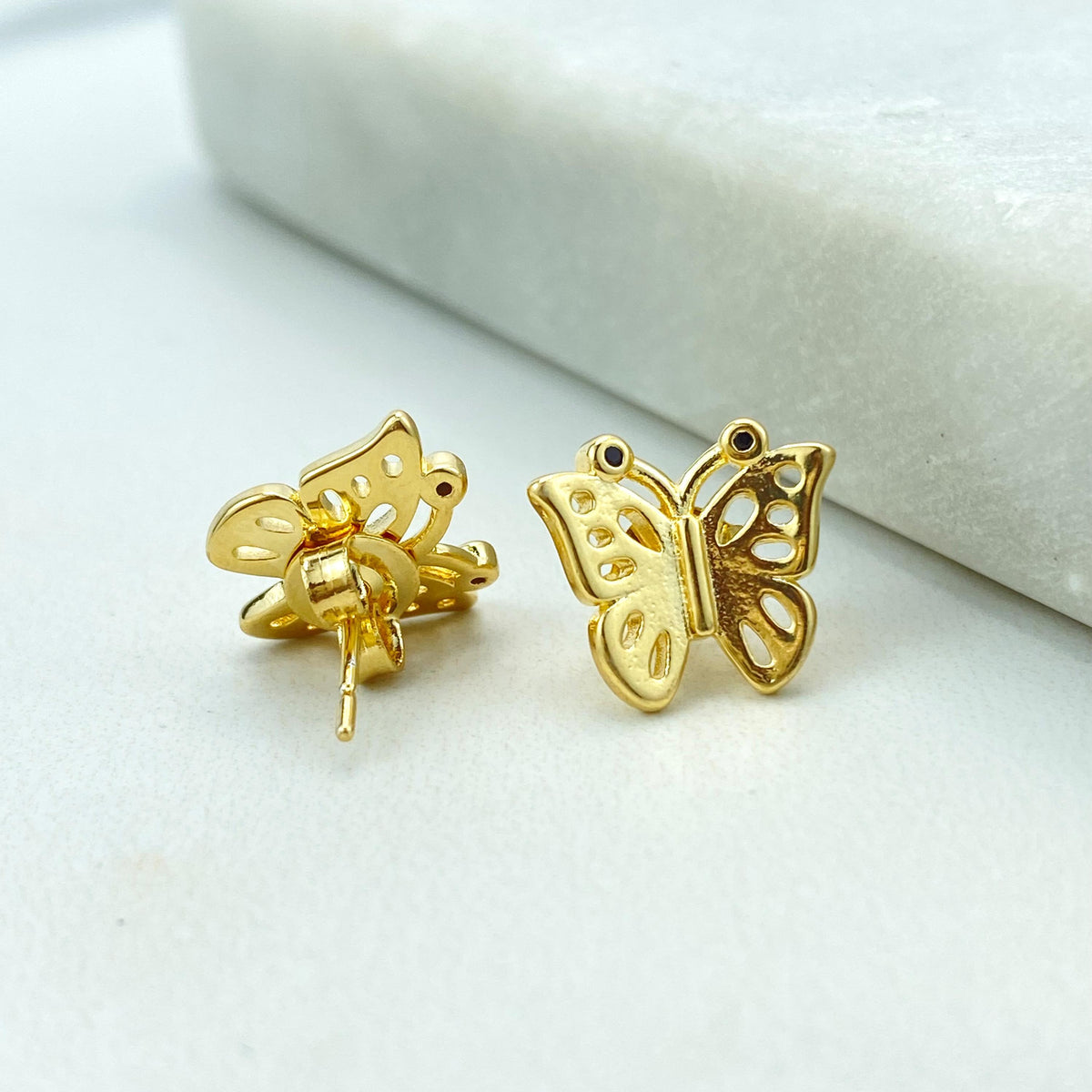 18k Gold Filled Butterfly Shape Stud Earrings, with Micro Black Cubic Zirconia, Petite Butterfly Earrings, Wholesale Jewelry