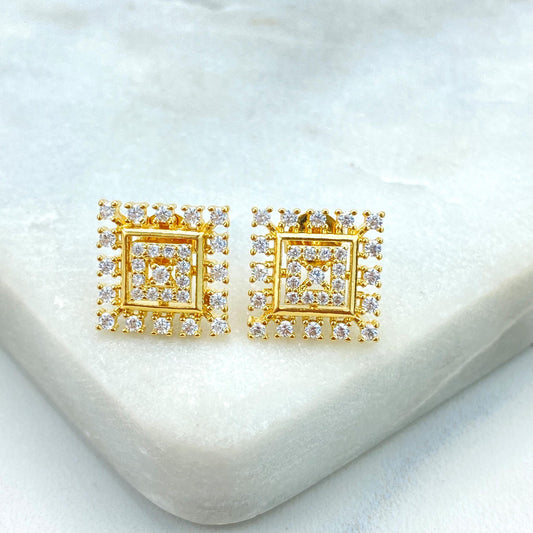 18k Gold Filled Solitaire Earring, Square Stud Earrings with Cubic Zirconia, Minimalist Cubic Zirconia Square Earrings, Wholesale Jewelry