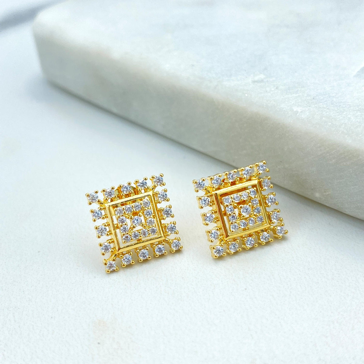 18k Gold Filled Solitaire Earring, Square Stud Earrings with Cubic Zirconia, Minimalist Cubic Zirconia Square Earrings, Wholesale Jewelry