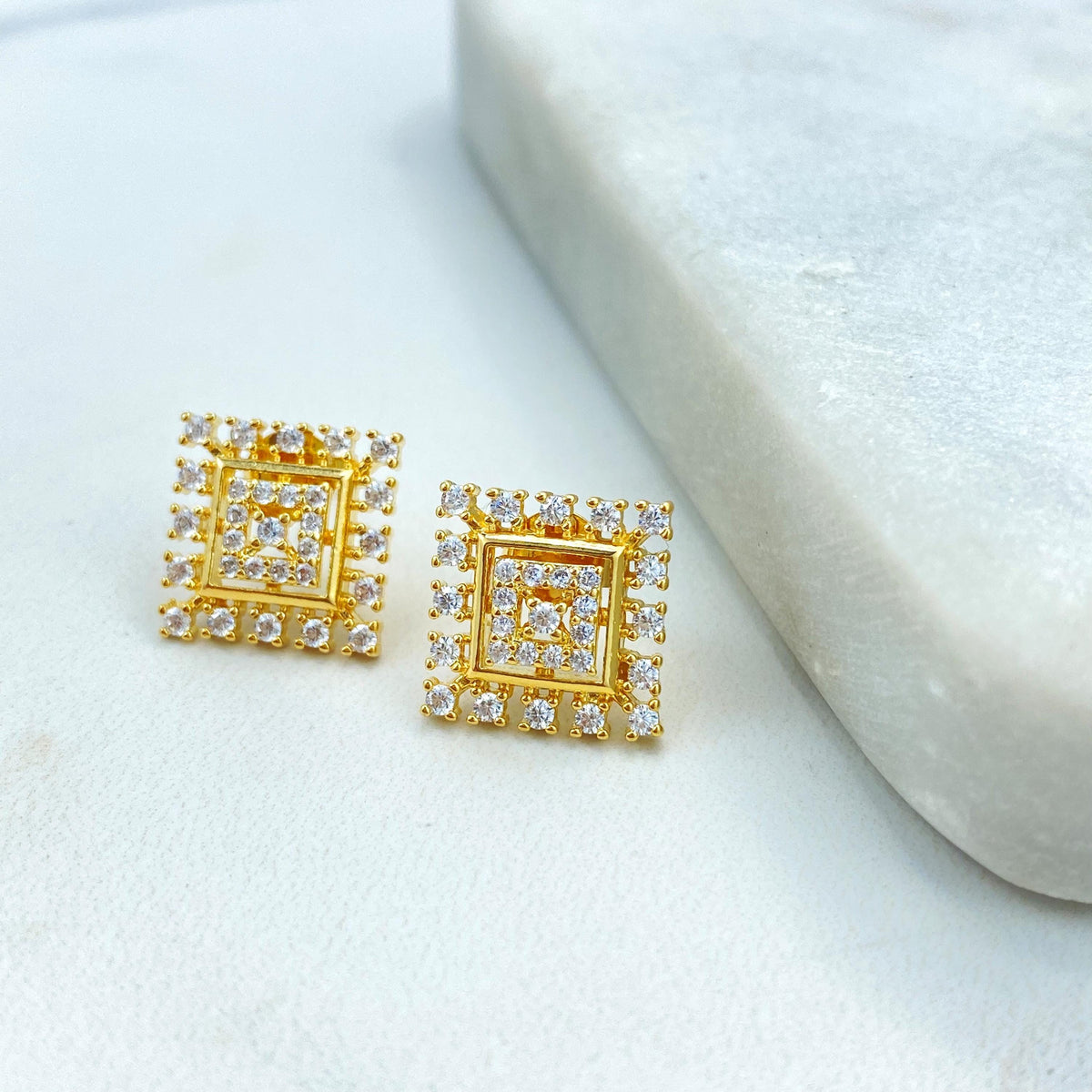 18k Gold Filled Solitaire Earring, Square Stud Earrings with Cubic Zirconia, Minimalist Cubic Zirconia Square Earrings, Wholesale Jewelry