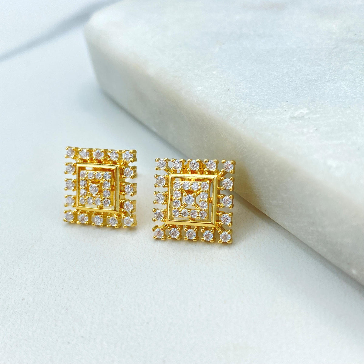18k Gold Filled Solitaire Earring, Square Stud Earrings with Cubic Zirconia, Minimalist Cubic Zirconia Square Earrings, Wholesale Jewelry