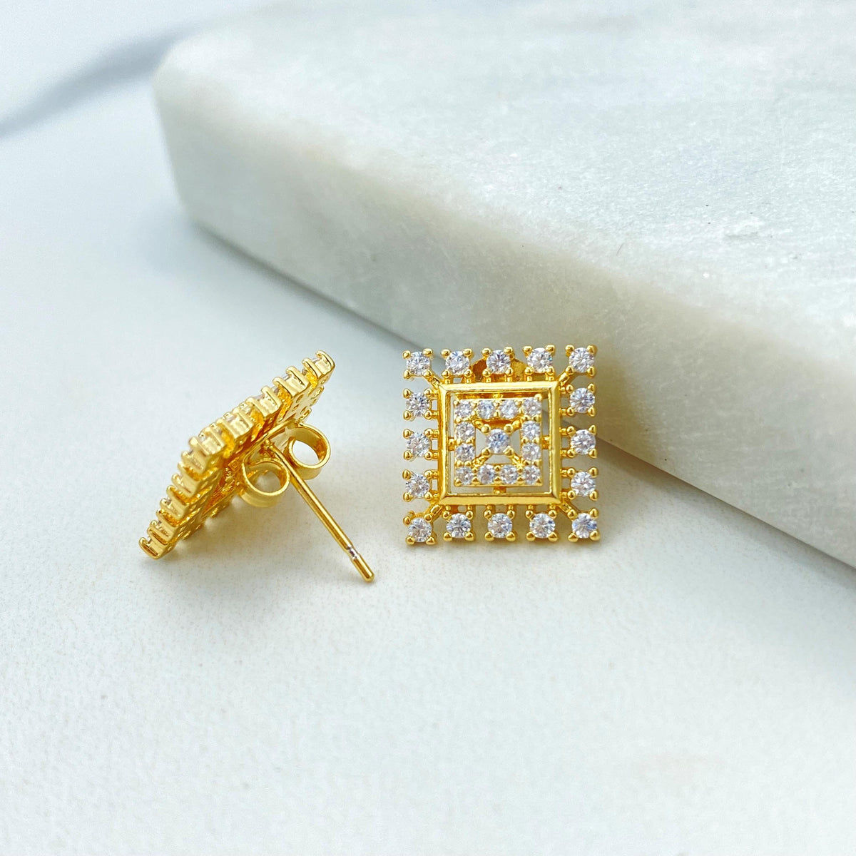 18k Gold Filled Solitaire Earring, Square Stud Earrings with Cubic Zirconia, Minimalist Cubic Zirconia Square Earrings, Wholesale Jewelry