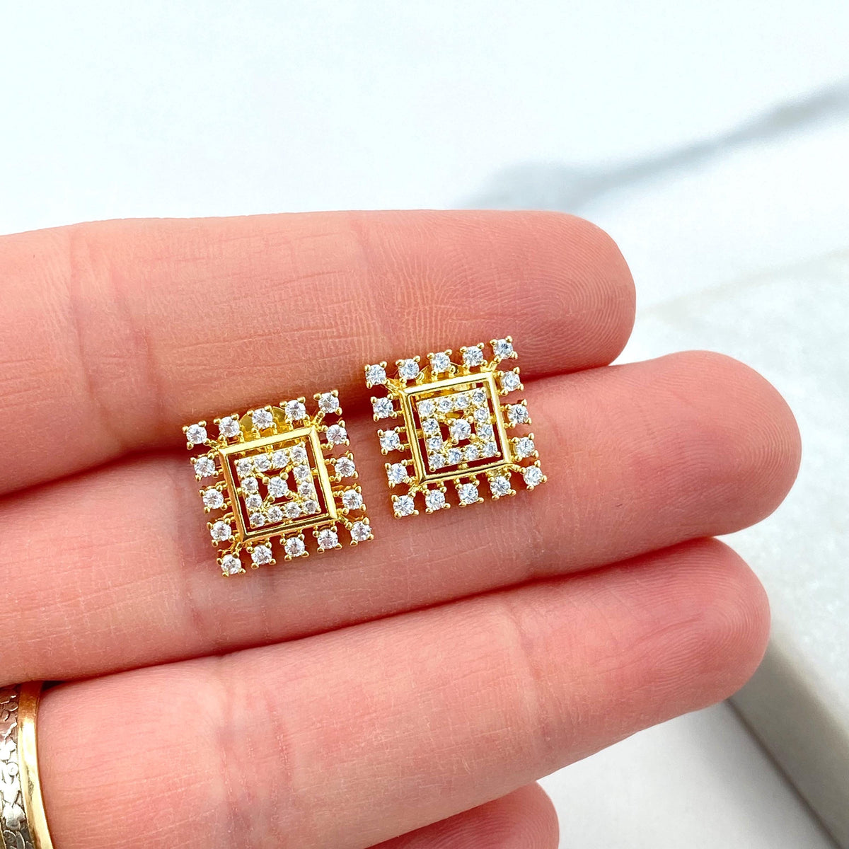 18k Gold Filled Solitaire Earring, Square Stud Earrings with Cubic Zirconia, Minimalist Cubic Zirconia Square Earrings, Wholesale Jewelry