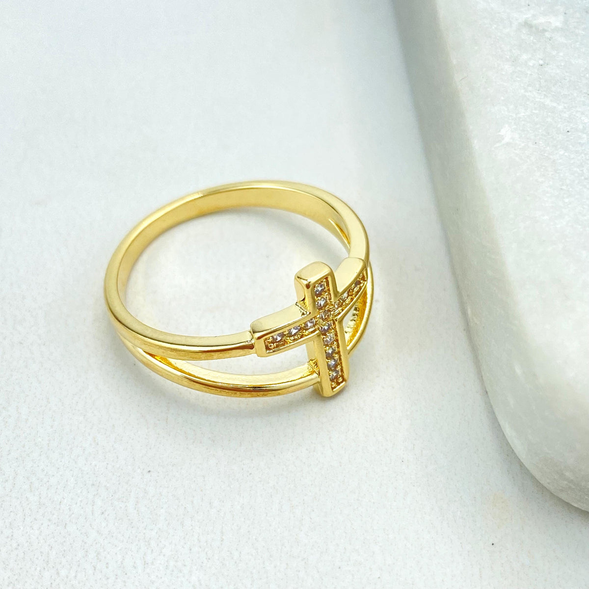 18k Gold Filled Micro Cubic Zirconia Cross Ring, with Simulated Double Layer, Micro Pave Cross Ring, Cross Religious Ring, Wholesale Jewelry