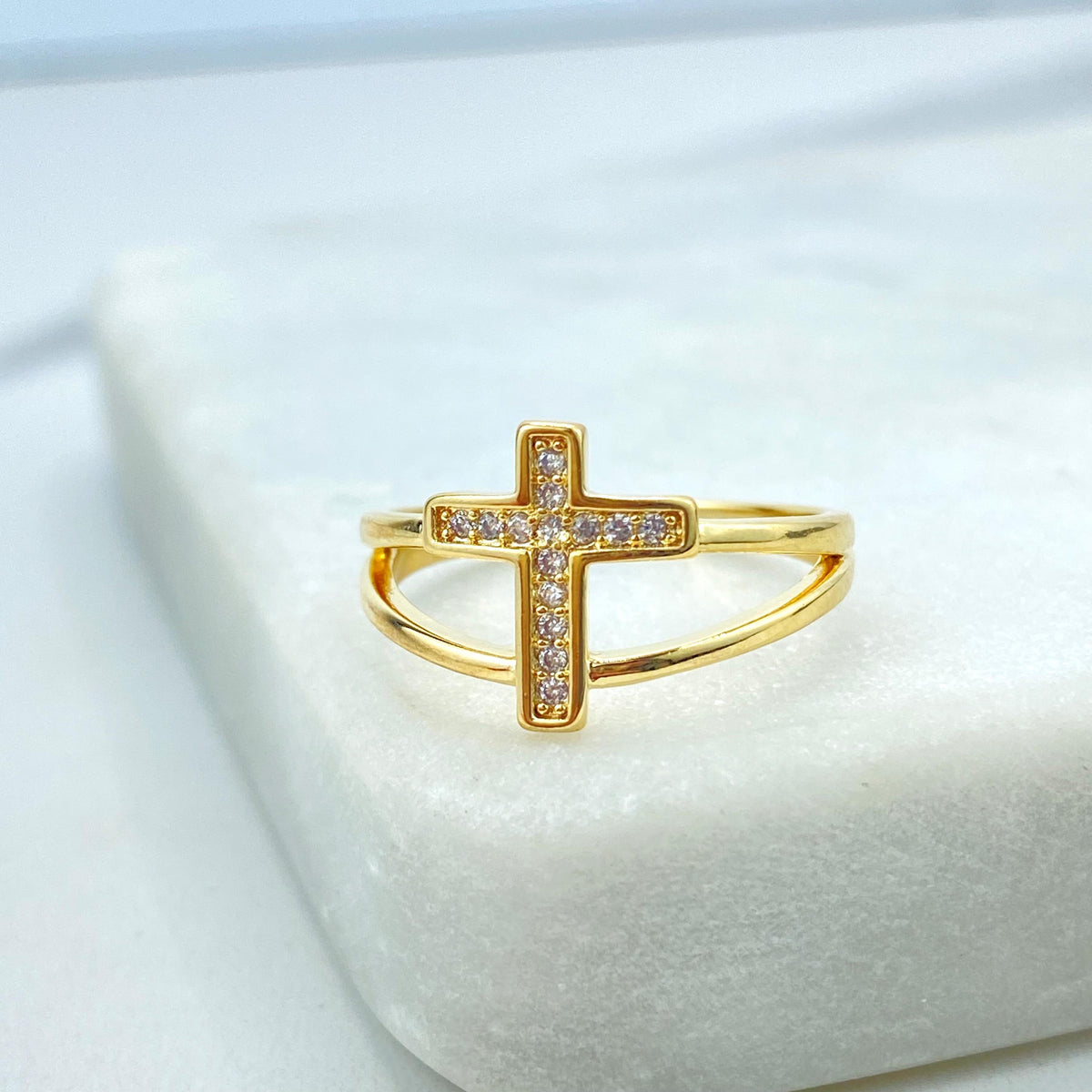 18k Gold Filled Micro Cubic Zirconia Cross Ring, with Simulated Double Layer, Micro Pave Cross Ring, Cross Religious Ring, Wholesale Jewelry