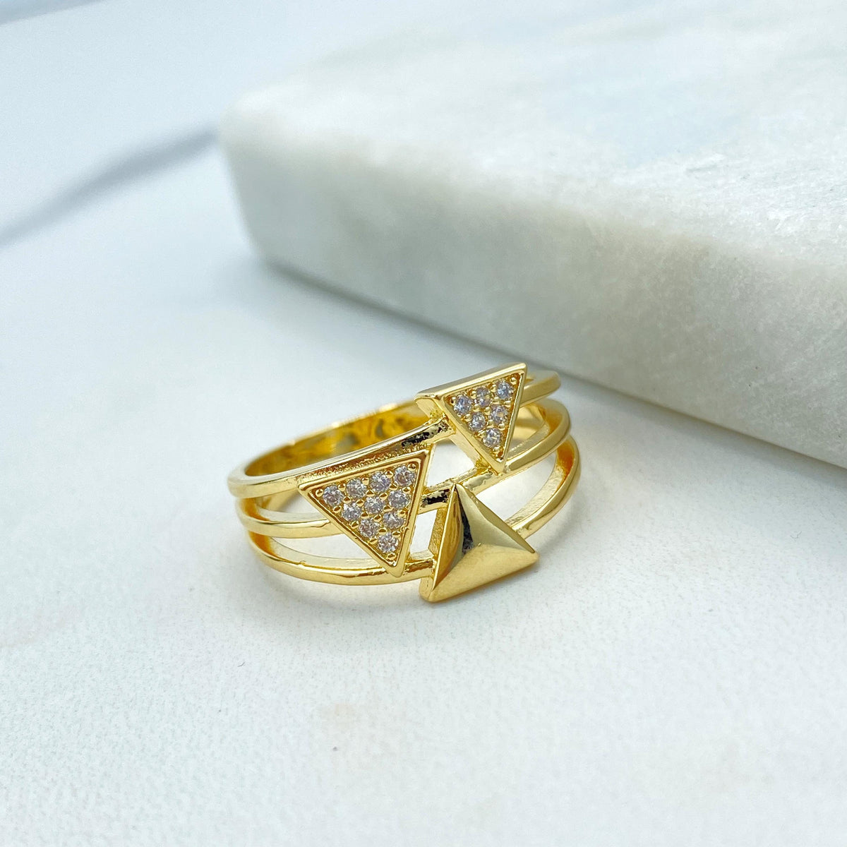 18k Gold Filled Layered Ring with Triple Triangle Front Design and Micro Cubic Zirconia Details, Micro CZ Triangles Ring, Wholesale Jewelry