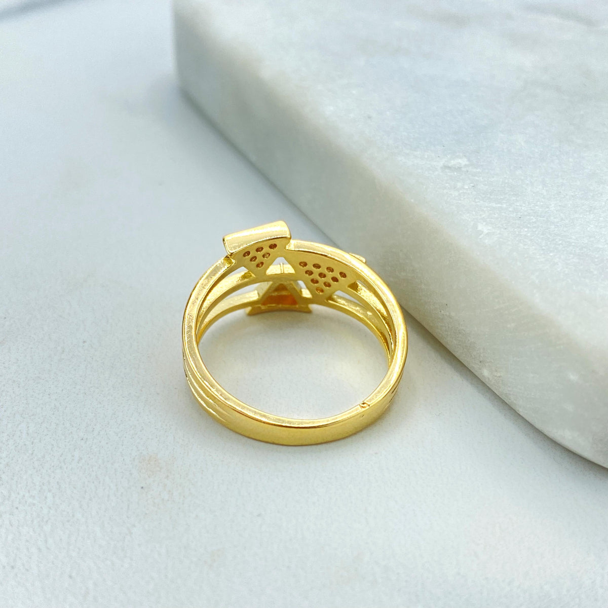18k Gold Filled Layered Ring with Triple Triangle Front Design and Micro Cubic Zirconia Details, Micro CZ Triangles Ring, Wholesale Jewelry