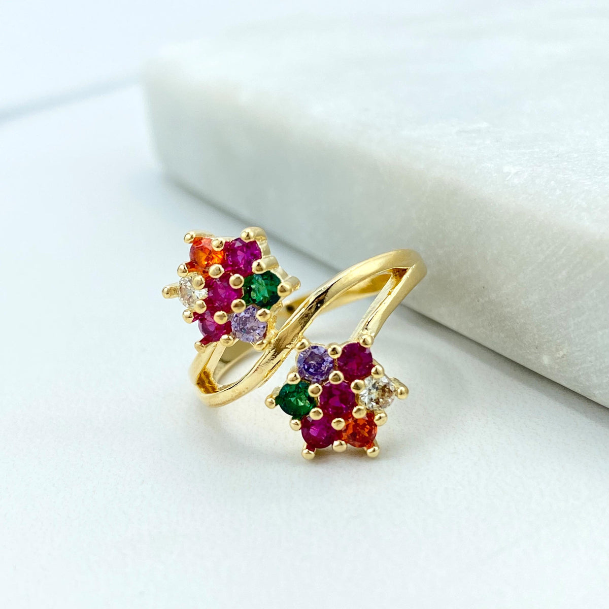 18k Gold Filled Double Flower Ring with Multicolor Cubic Zirconia, Layered Colored CZ Flowers Shape Ring, Wholesale Jewelry