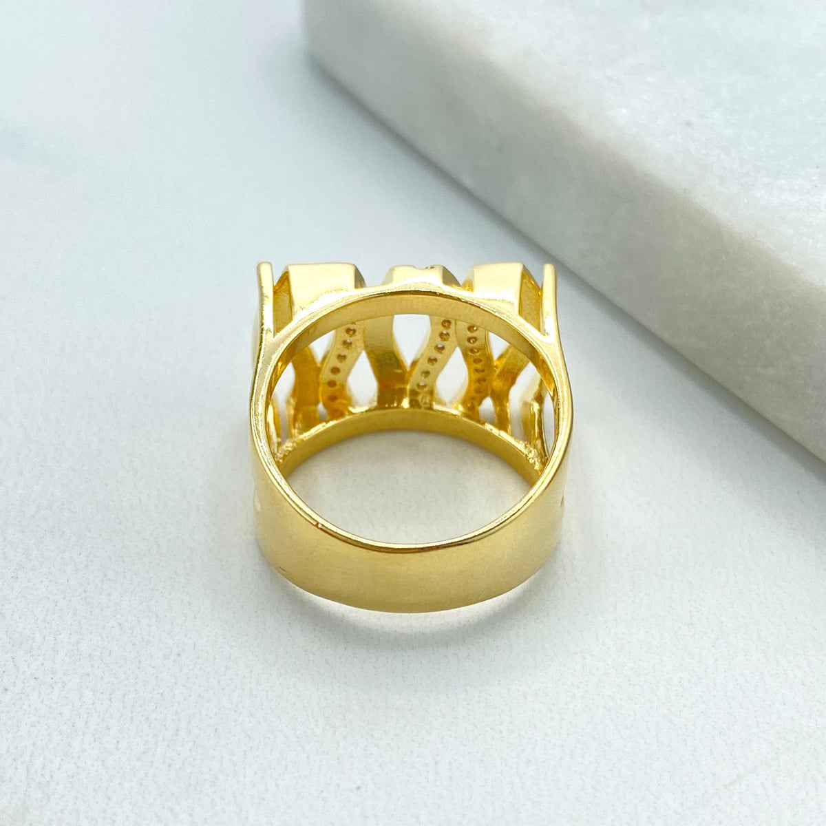 18k Gold Filled Square Front Shape Ring with Waves and Micro Cubic Zirconia, Micro CZ Details Square Ring, Wholesale Jewelry