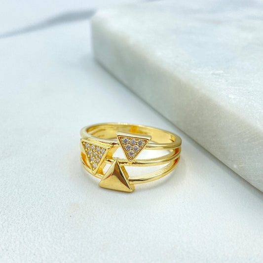 18k Gold Filled Layered Ring with Triple Triangle Front Design and Micro Cubic Zirconia Details, Micro CZ Triangles Ring, Wholesale Jewelry