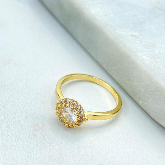 18k Gold Filled Wedding Ring, Engagement Ring, Clear Cubic Zirconia Solitaire Ring, Halo Ring, Wholesale Jewelry