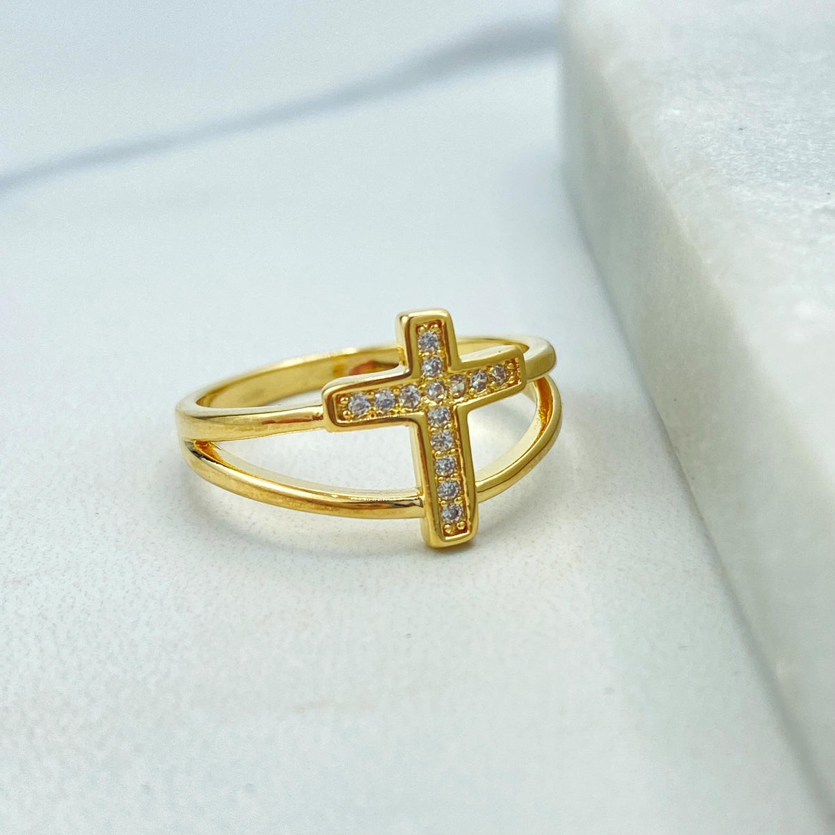 18k Gold Filled Micro Cubic Zirconia Cross Ring, with Simulated Double Layer, Micro Pave Cross Ring, Cross Religious Ring, Wholesale Jewelry