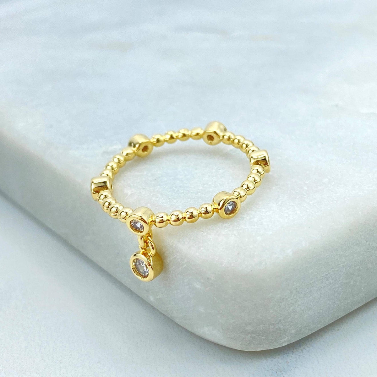 18k Gold Filled Beaded Ring with Cubic Zirconia and Dangling Solitaire Charm, Beaded Band with Cubic Zirconia Bezels, Wholesale Jewelry