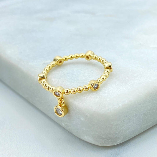 18k Gold Filled Beaded Ring with Cubic Zirconia and Dangling Solitaire Charm, Beaded Band with Cubic Zirconia Bezels, Wholesale Jewelry