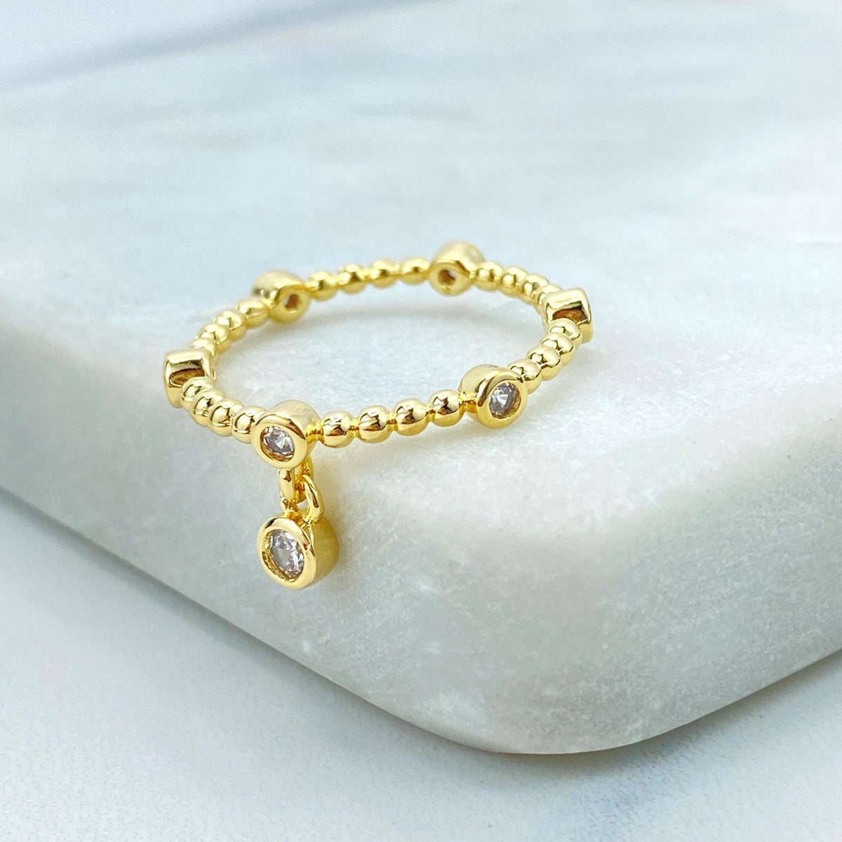 18k Gold Filled Beaded Ring with Cubic Zirconia and Dangling Solitaire Charm, Beaded Band with Cubic Zirconia Bezels, Wholesale Jewelry