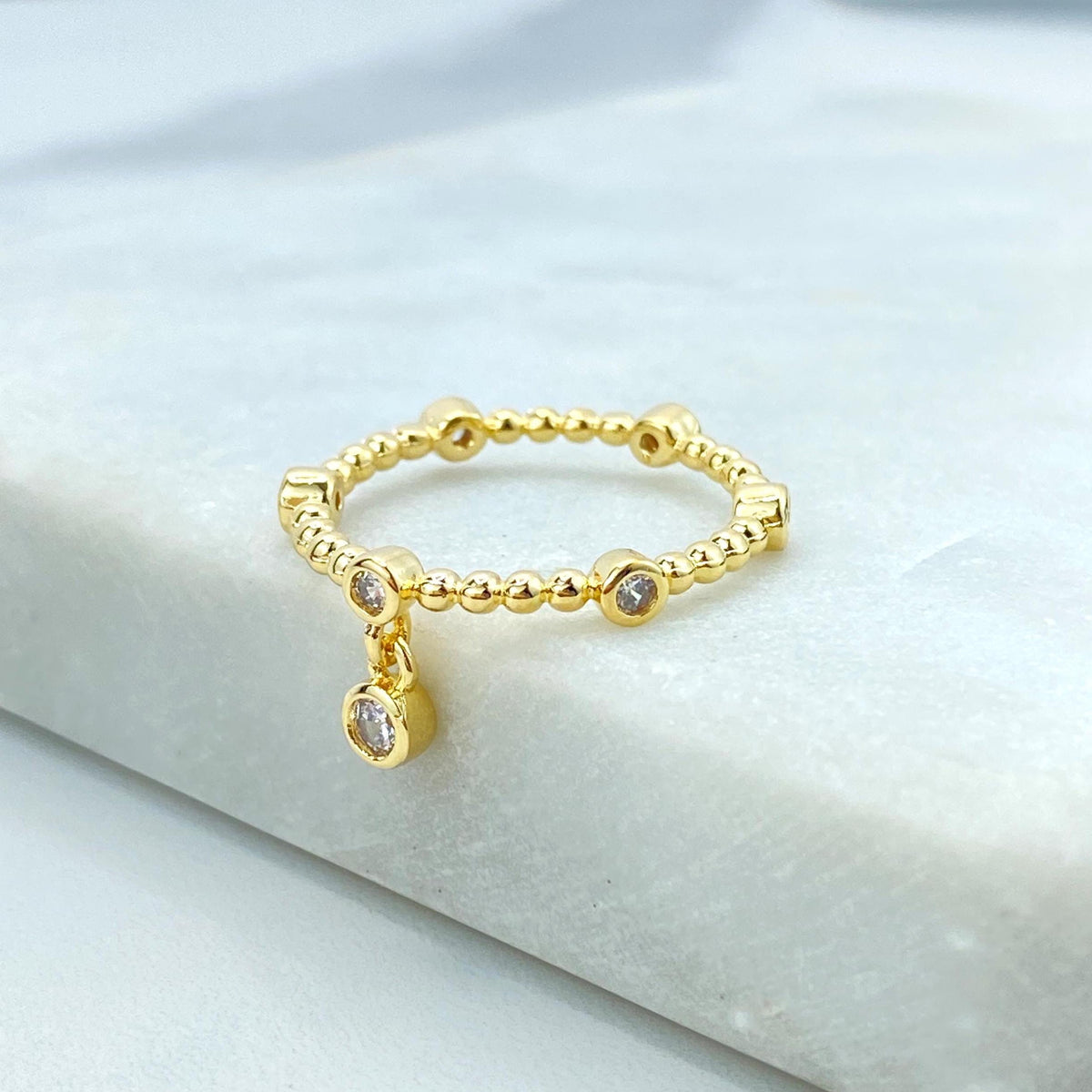 18k Gold Filled Beaded Ring with Cubic Zirconia and Dangling Solitaire Charm, Beaded Band with Cubic Zirconia Bezels, Wholesale Jewelry