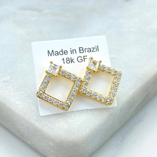 18k Gold Filled Open Square Shape Stud Earrings with Cubic Zirconia, Cubic Zirconia Square Earrings, Wholesale Jewelry