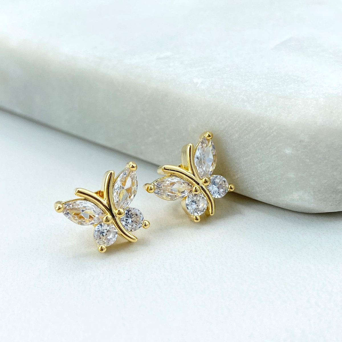 18k Gold Filled Round and Marquise Cut Butterfly Stud Earring, Petite Cubic Zirconia Butterfly Shape Stud Earrings, Wholesale Jewelry