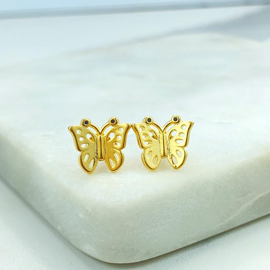 18k Gold Filled Butterfly Shape Stud Earrings, with Micro Black Cubic Zirconia, Petite Butterfly Earrings, Wholesale Jewelry