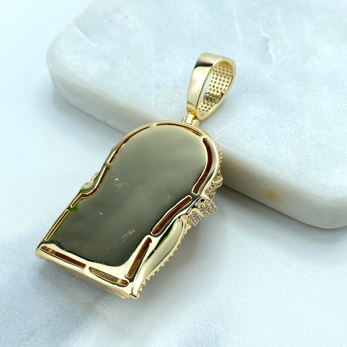 18k Gold Filled or Silver Filled Jesus Christ Face Pendant with Micro Cubic Zirconia, with Matte Finish, Large Bail, Wholesale Jewelry