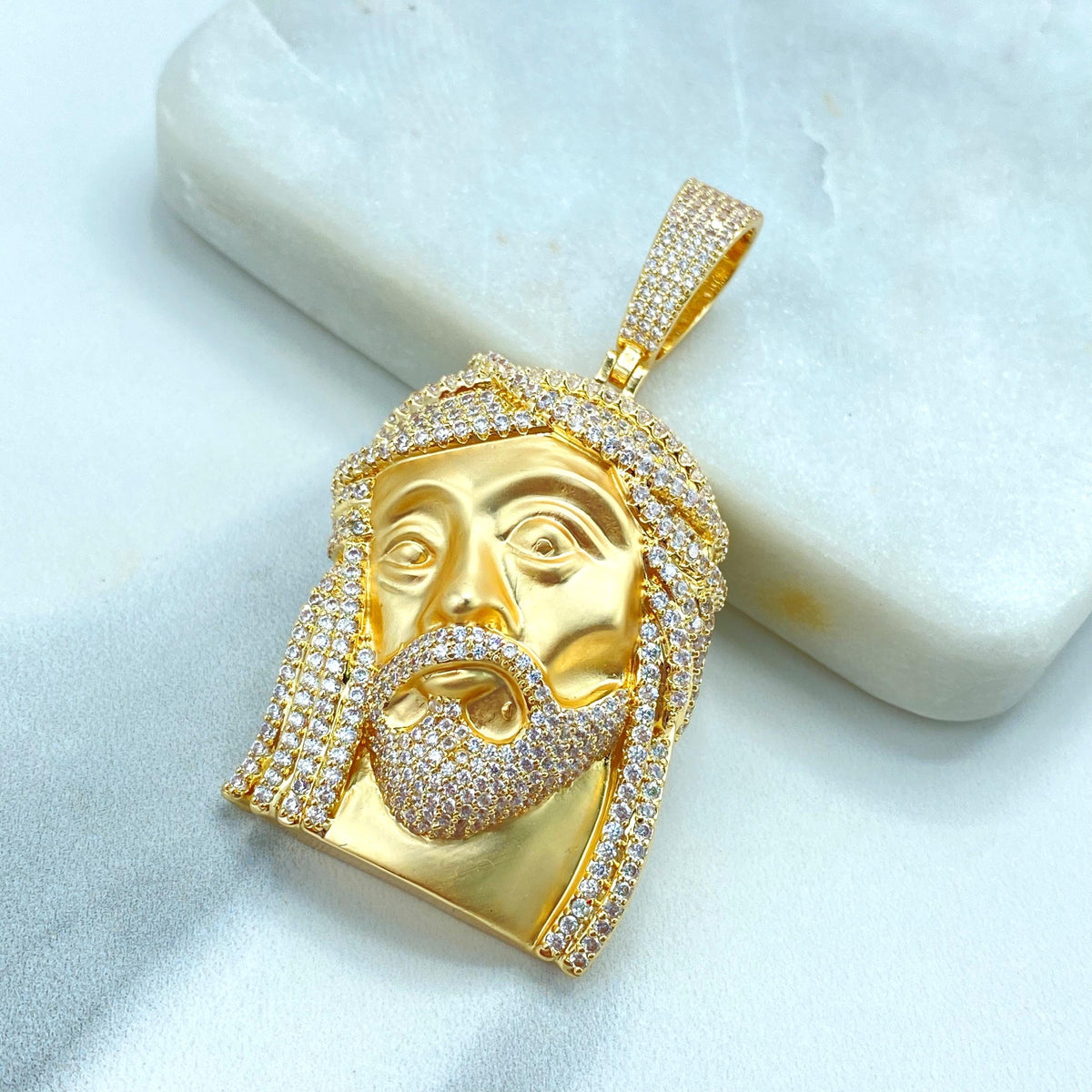 18k Gold Filled or Silver Filled Jesus Christ Face Pendant with Micro Cubic Zirconia, with Matte Finish, Large Bail, Wholesale Jewelry
