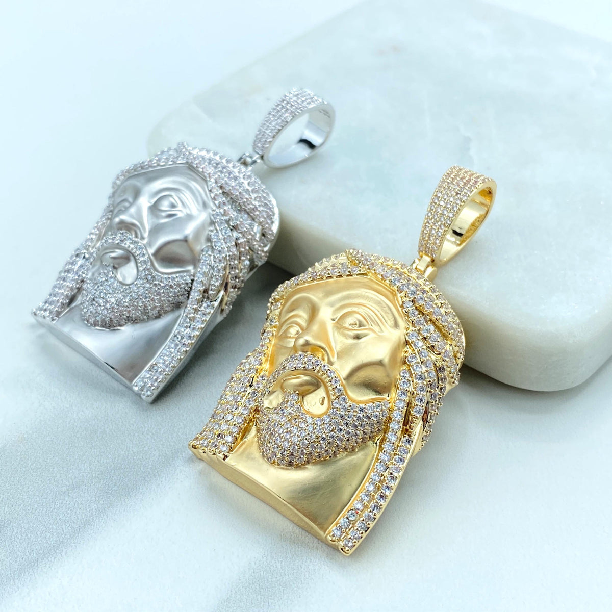 18k Gold Filled or Silver Filled Jesus Christ Face Pendant with Micro Cubic Zirconia, with Matte Finish, Large Bail, Wholesale Jewelry