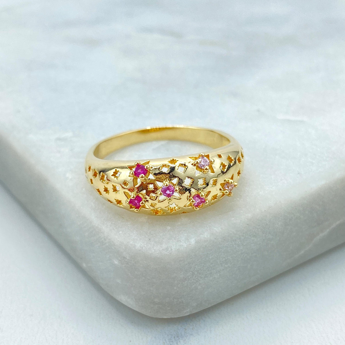 18K Gold Filled Stardust Ring with Micro Cubic Zirconia, Multicolor Star Accents, Elegant Textured Band, Wholesale Jewelry
