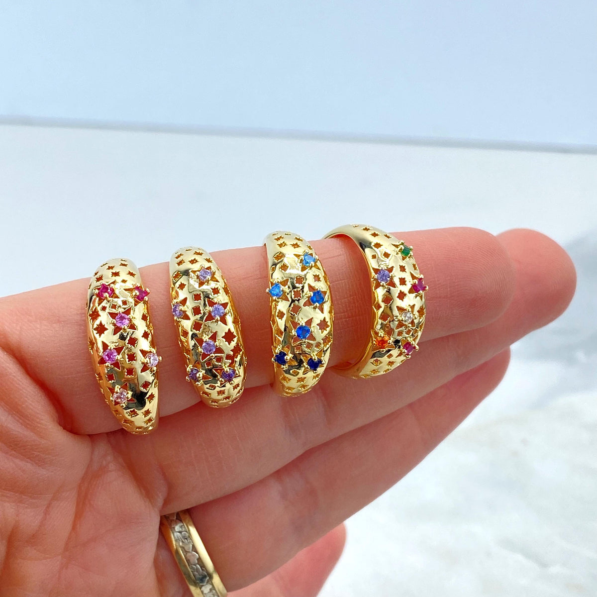 18K Gold Filled Stardust Ring with Micro Cubic Zirconia, Multicolor Star Accents, Elegant Textured Band, Wholesale Jewelry