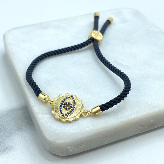 18k Gold Filled Evil Eye Bracelet, String Braided Adjustable Rope Bracelet with CZ Evil Eye Charm, Protection against the Evil, Wholesale