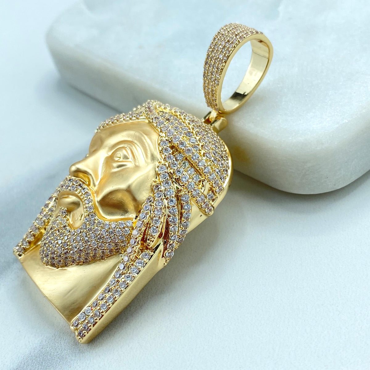 18k Gold Filled or Silver Filled Jesus Christ Face Pendant with Micro Cubic Zirconia, with Matte Finish, Large Bail, Wholesale Jewelry