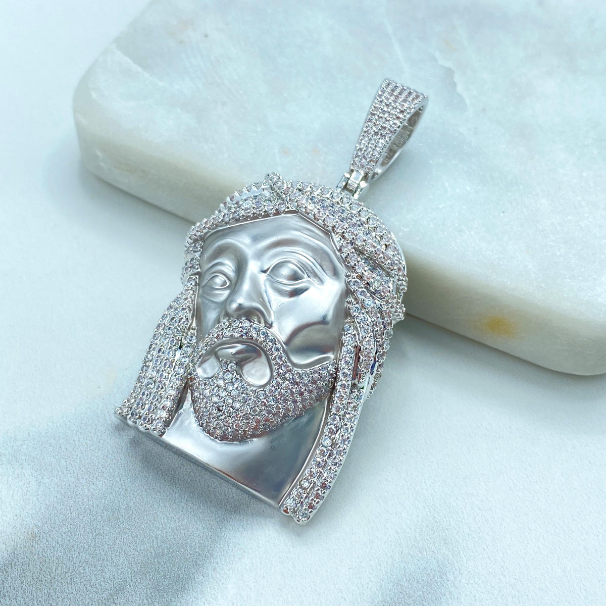 18k Gold Filled or Silver Filled Jesus Christ Face Pendant with Micro Cubic Zirconia, with Matte Finish, Large Bail, Wholesale Jewelry