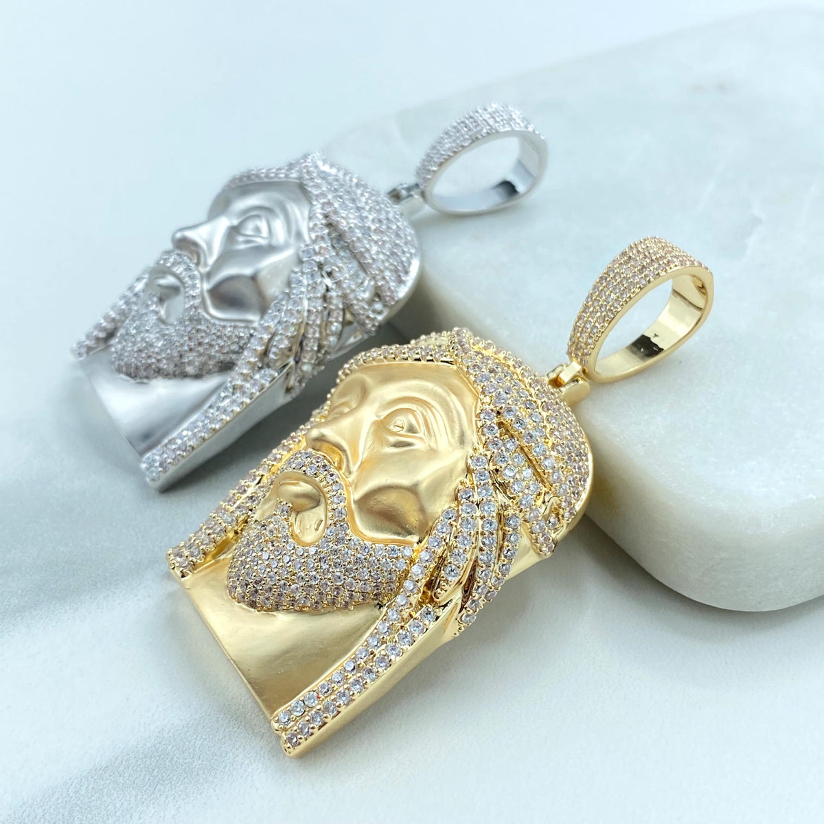 18k Gold Filled or Silver Filled Jesus Christ Face Pendant with Micro Cubic Zirconia, with Matte Finish, Large Bail, Wholesale Jewelry