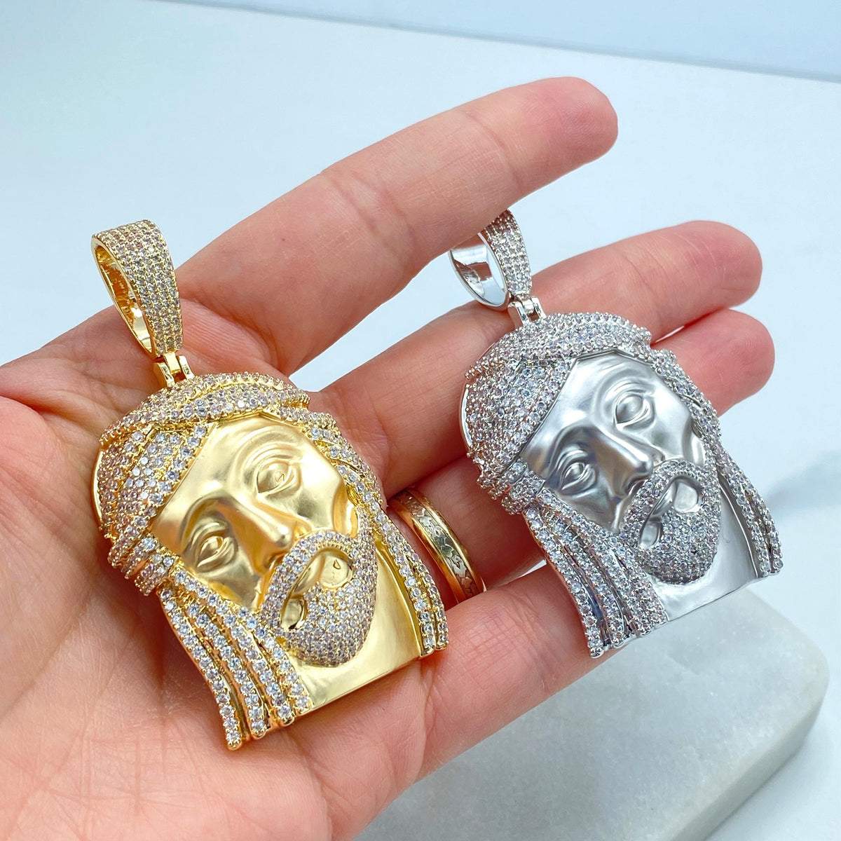 18k Gold Filled or Silver Filled Jesus Christ Face Pendant with Micro Cubic Zirconia, with Matte Finish, Large Bail, Wholesale Jewelry