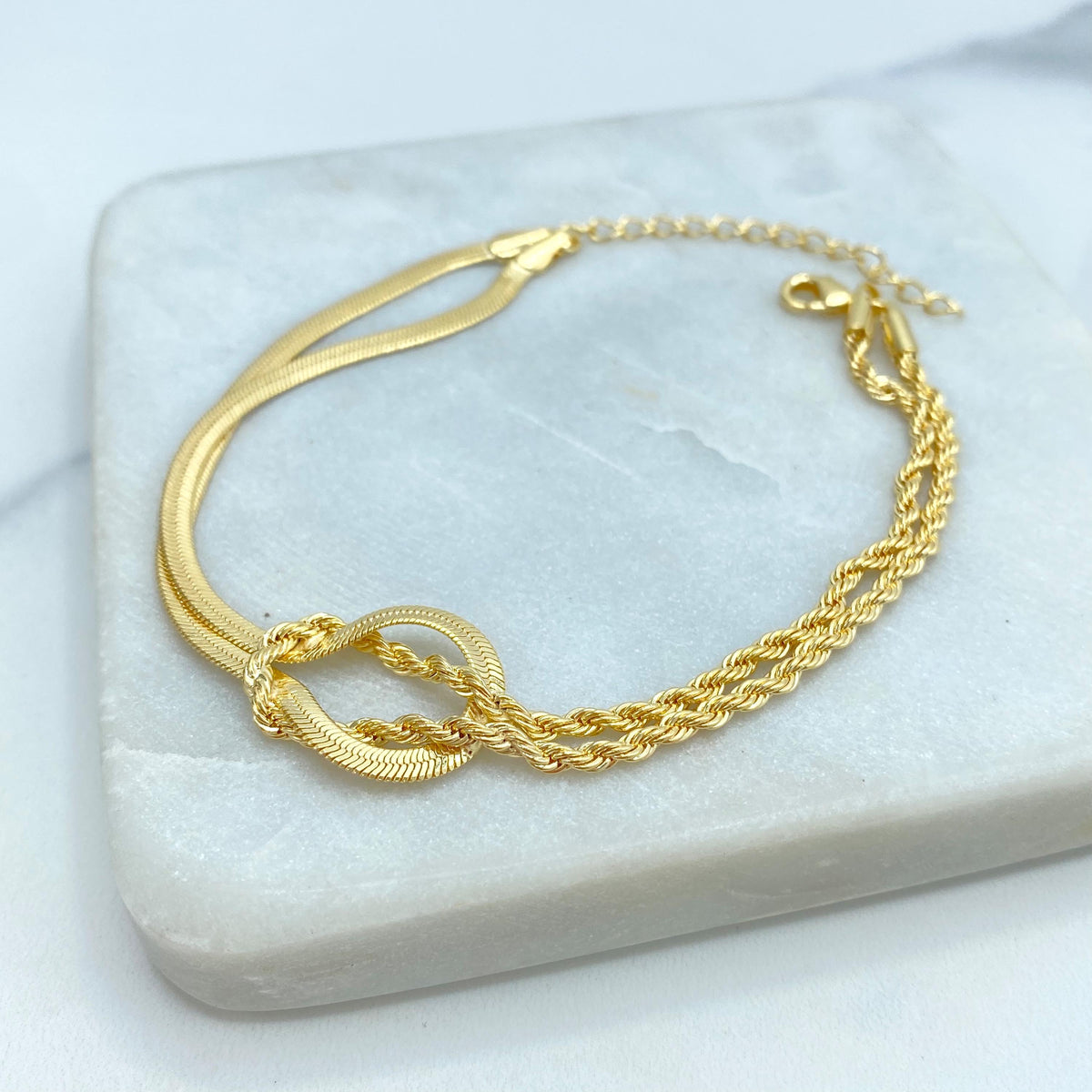 18k Gold Filled Front Knot Necklace or Bracelet, with Double Rope Chain & Snake Chain, Rope and Herringbone Chain with Double Knot Accent