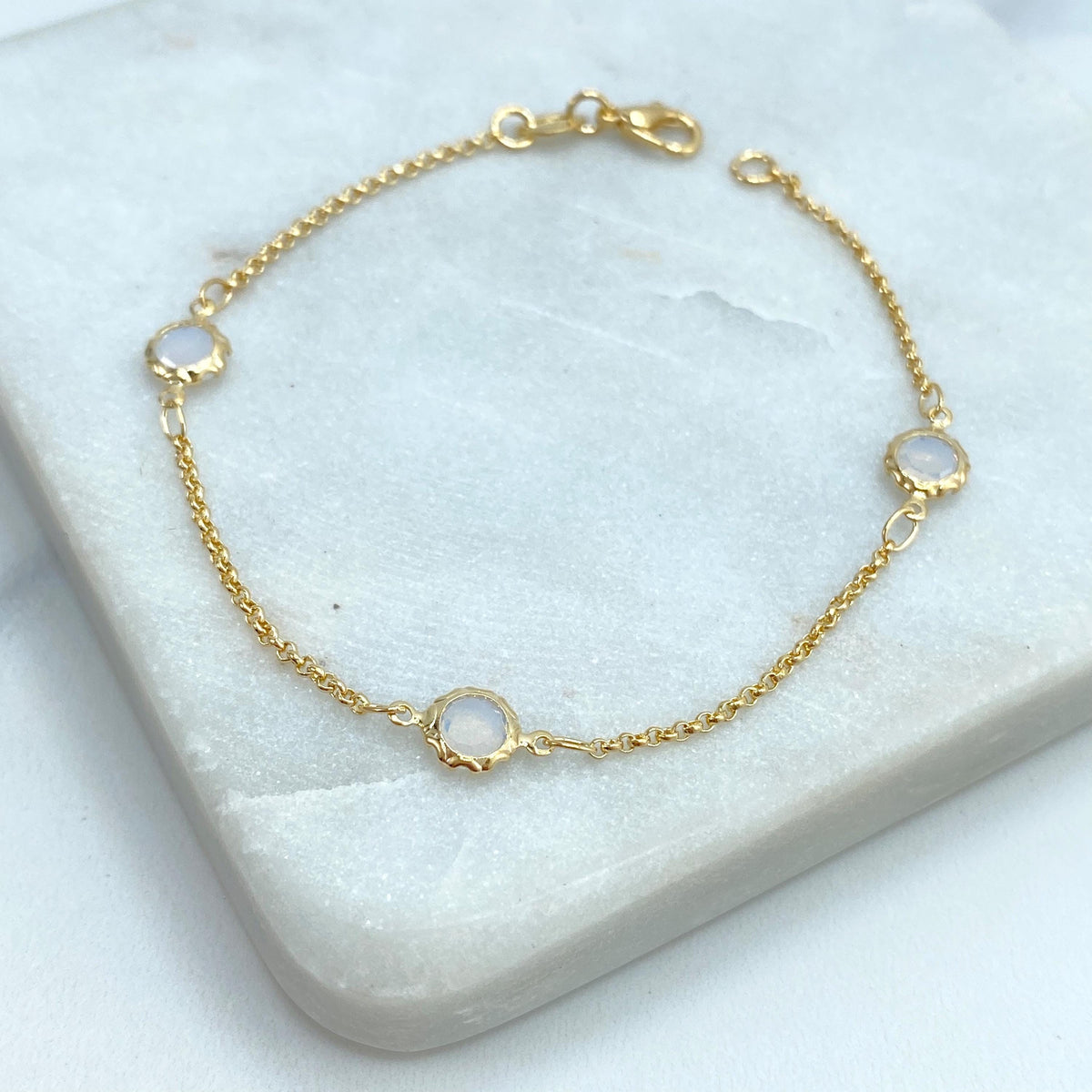 18k Gold Filled Thin Rolo Chain with Linked Simulated Moonstone, Necklace or Bracelet, Buy as a set or individually, Wholesale Jewelry