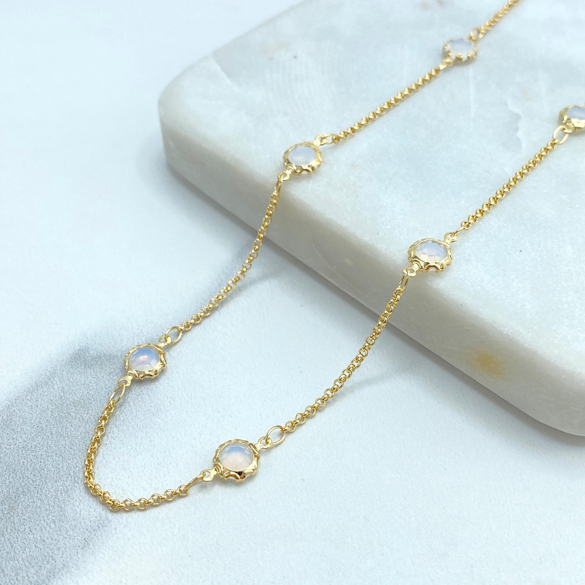 18k Gold Filled Thin Rolo Chain with Linked Simulated Moonstone, Necklace or Bracelet, Buy as a set or individually, Wholesale Jewelry