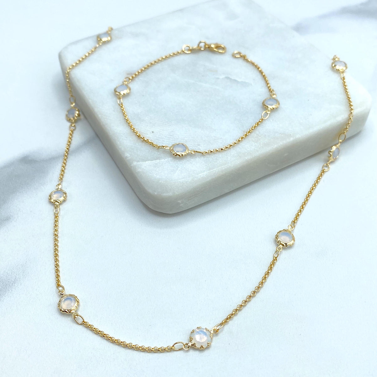 18k Gold Filled Thin Rolo Chain with Linked Simulated Moonstone, Necklace or Bracelet, Buy as a set or individually, Wholesale Jewelry