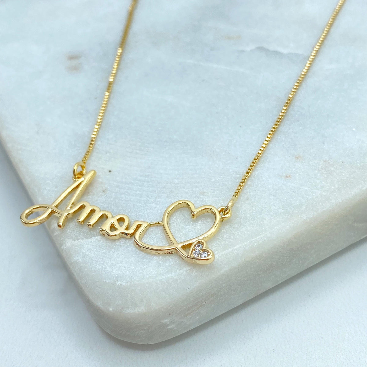 18k Gold Filled "Amor" Necklace, with Extender, Charm with Description "Love" in Portuguese/Spanish Necklace, with Hearts and Cubic Zirconia