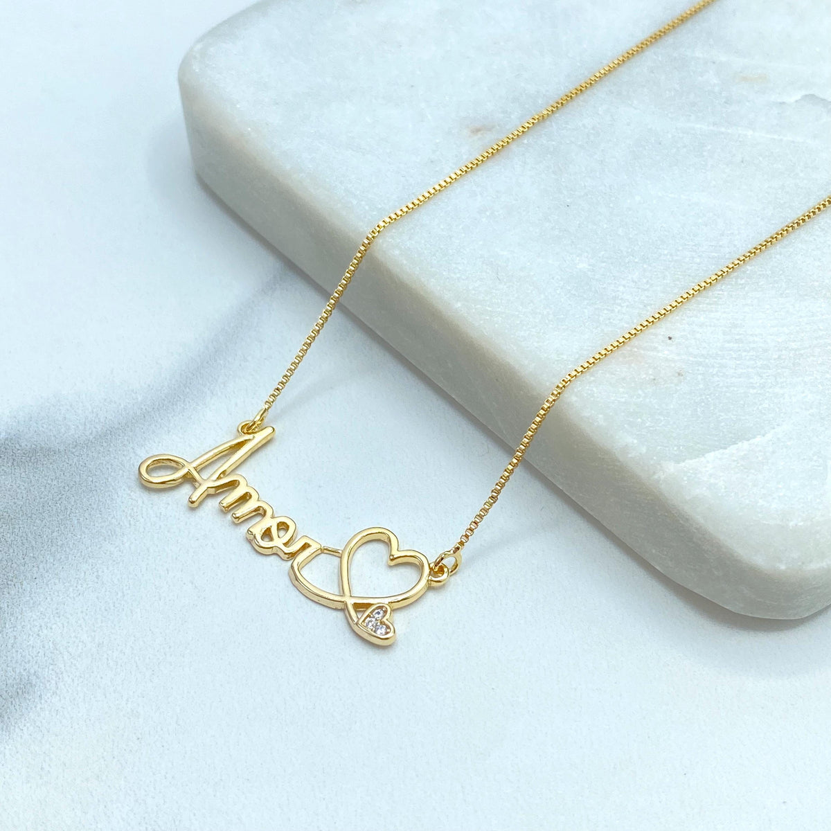 18k Gold Filled "Amor" Necklace, with Extender, Charm with Description "Love" in Portuguese/Spanish Necklace, with Hearts and Cubic Zirconia