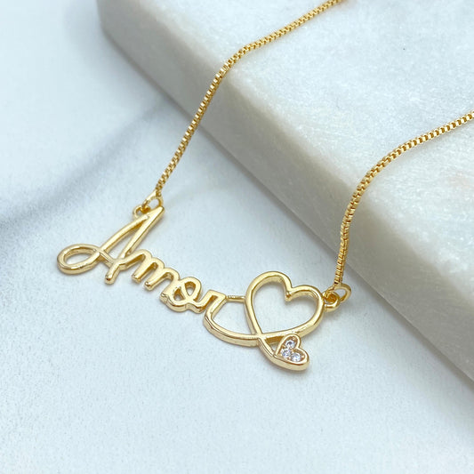 18k Gold Filled "Amor" Necklace, with Extender, Charm with Description "Love" in Portuguese/Spanish Necklace, with Hearts and Cubic Zirconia