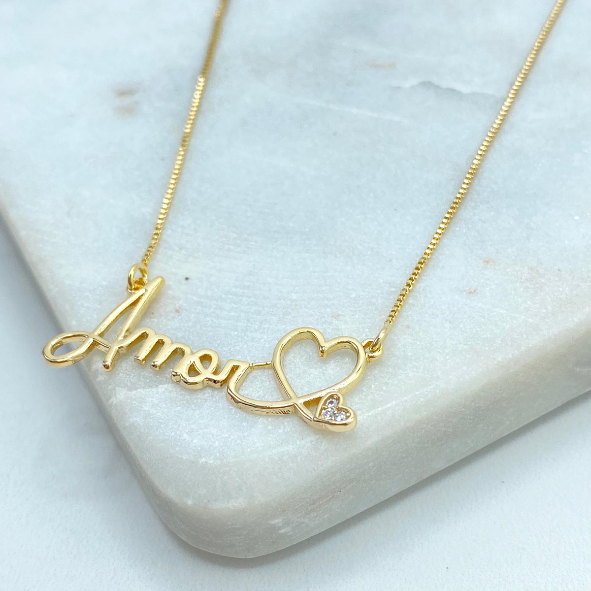 18k Gold Filled "Amor" Necklace, with Extender, Charm with Description "Love" in Portuguese/Spanish Necklace, with Hearts and Cubic Zirconia
