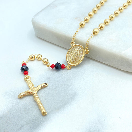 18k Gold Filled Virgen De Guadalupe Rosary, Our Lady of Guadalupe Medal Rosary, Linked with Gold Balls and Azabache, Wholesale Jewelry