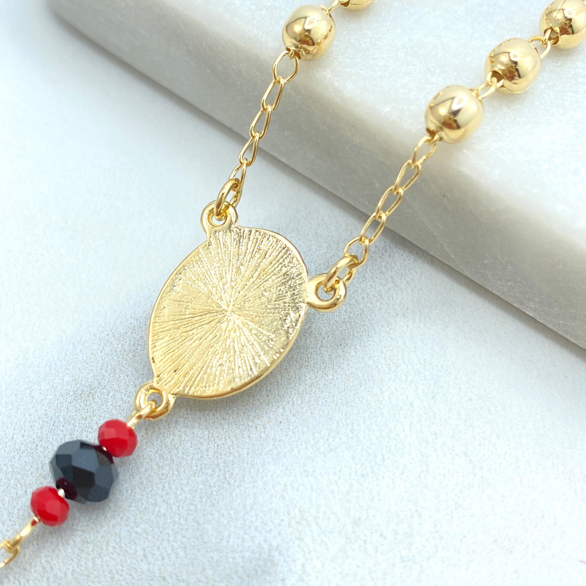 18k Gold Filled Virgen De Guadalupe Rosary, Our Lady of Guadalupe Medal Rosary, Linked with Gold Balls and Azabache, Wholesale Jewelry