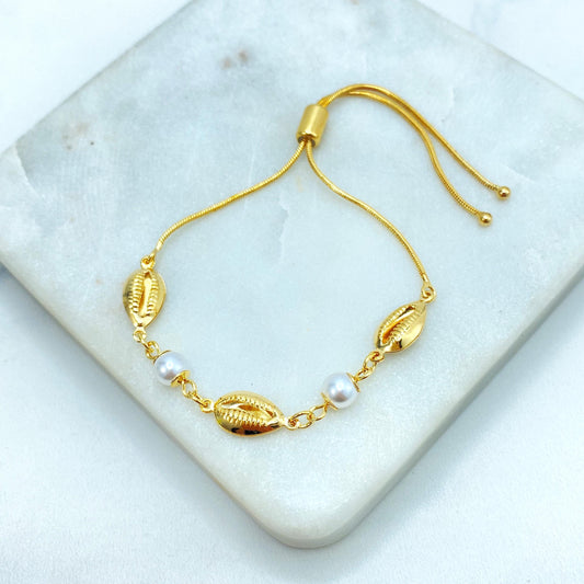 18k Gold Filled Cowrie Shell, Simulated Pearl and Clamshell Linked Charms Bracelet, Adjustable Bracelet, Beach Jewel, Wholesale Jewelry