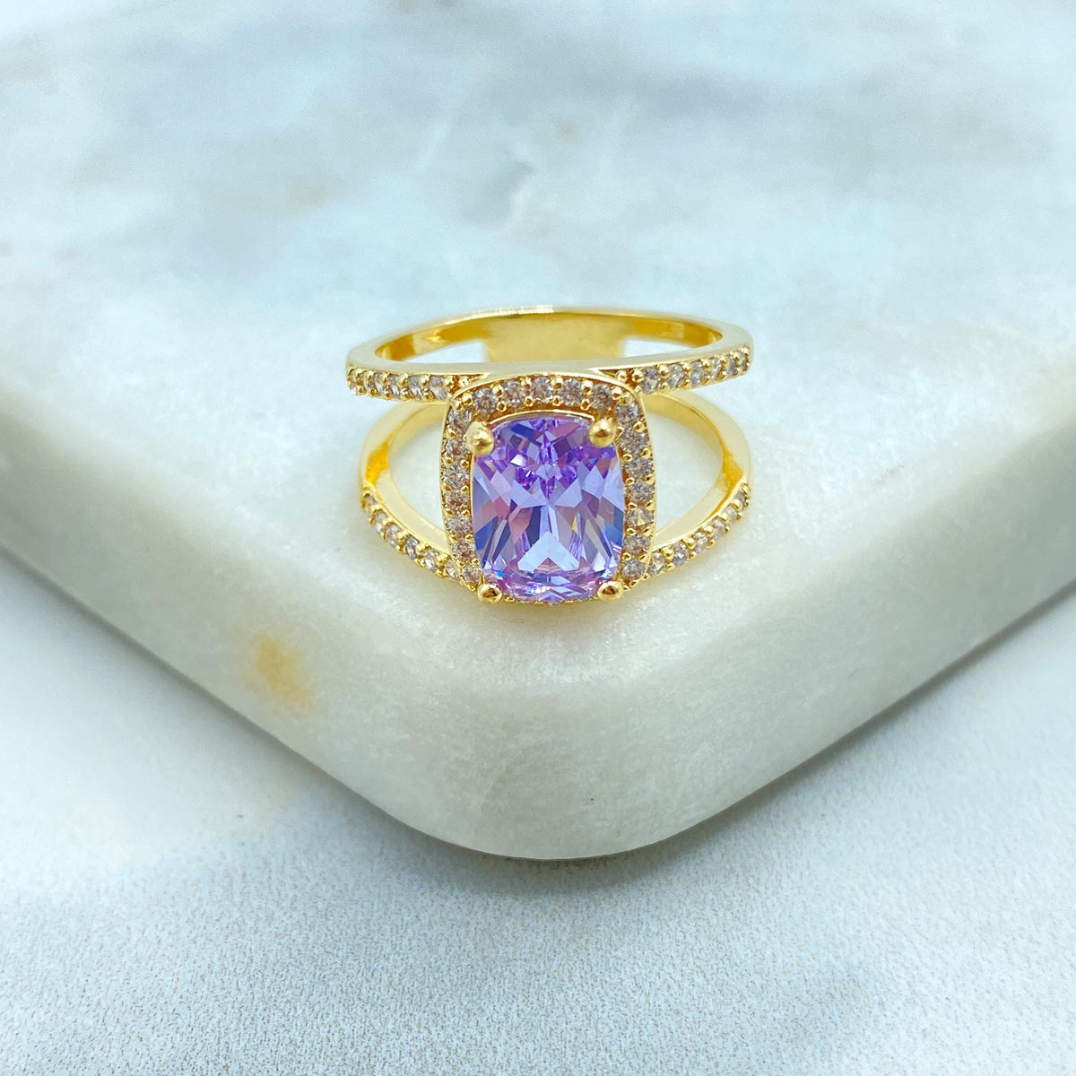 18k Gold Filled Elegant Birthstone-Inspired Cushion Cut Ring, Colorful Stone Ring, Green, Blue, Lavender or Red Color, Wholesale Jewelry