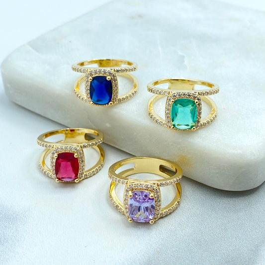 18k Gold Filled Elegant Birthstone-Inspired Cushion Cut Ring, Colorful Stone Ring, Green, Blue, Lavender or Red Color, Wholesale Jewelry